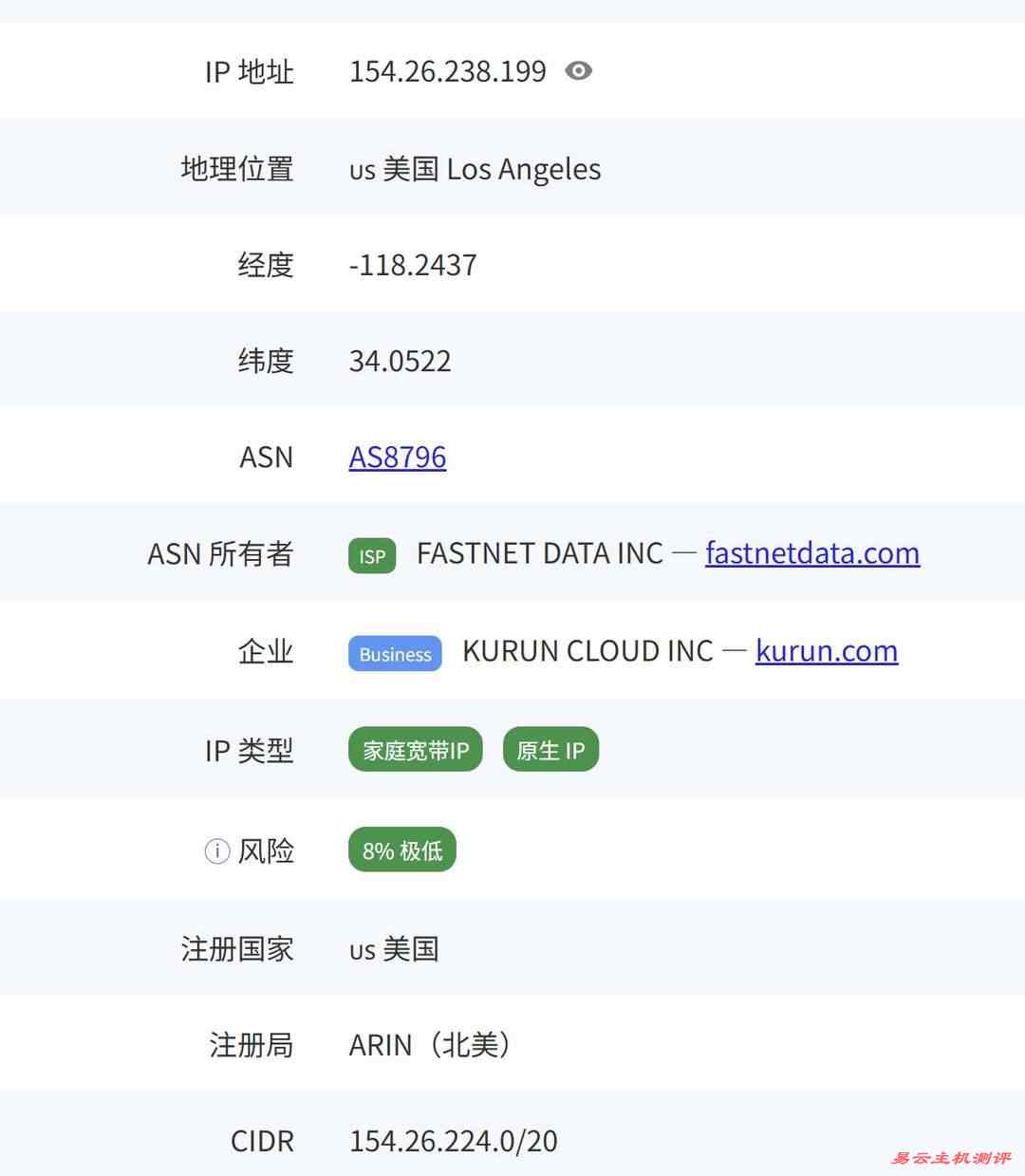 电芒云美国VPS网络测试-IP属性