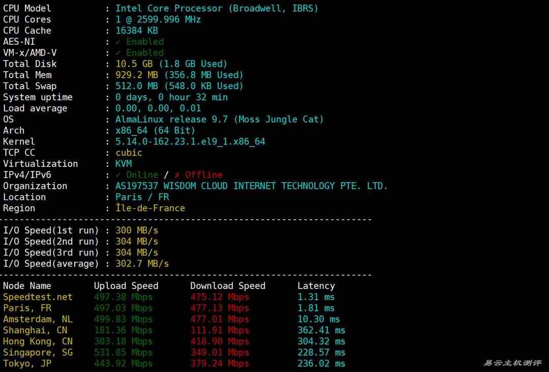 荫云法国家宽VPS网络测试-性能和速度