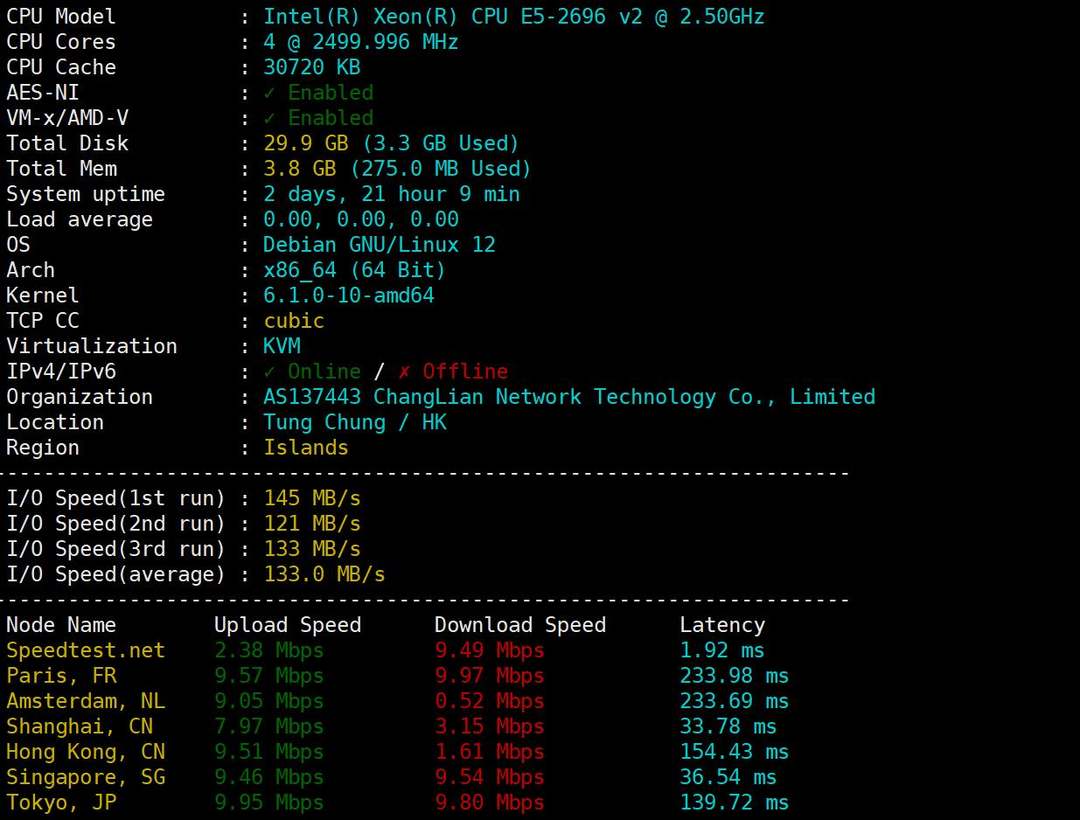 Pia云香港VPS网络测试-性能和速度测试