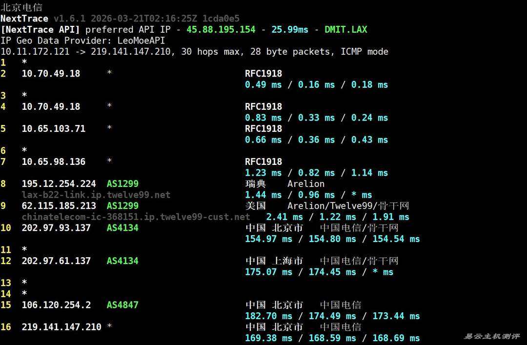 UCloud奔流型美国VPS网络测试-电信回程路由