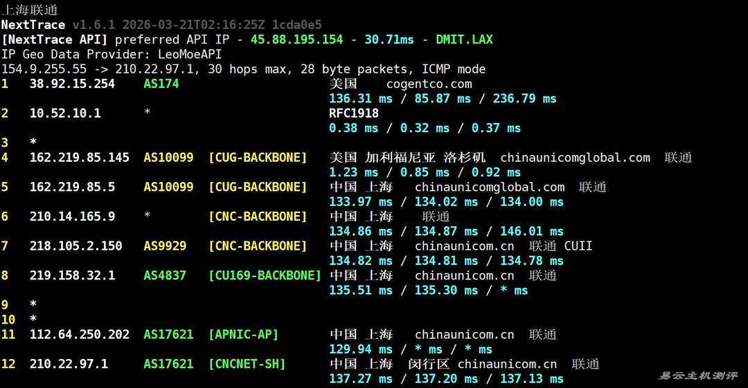 雨云的美国VPS网络测试-联通回程路由