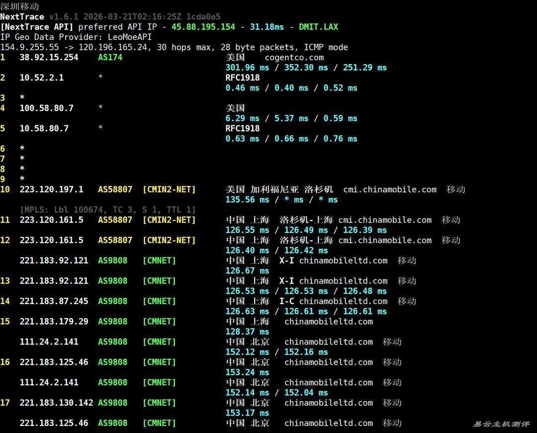 雨云的美国VPS网络测试-移动回程路由