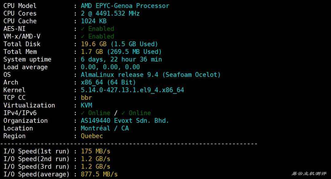 Evoxt加拿大VPS网络测试-性能