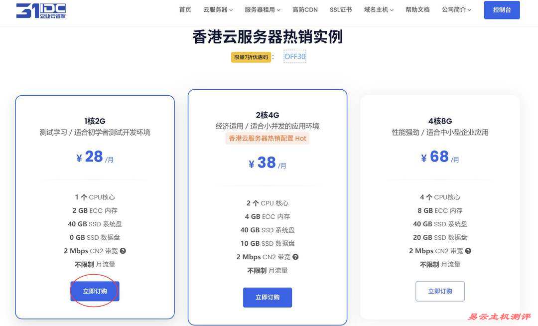 31IDC香港VPS购买教程-套餐选择