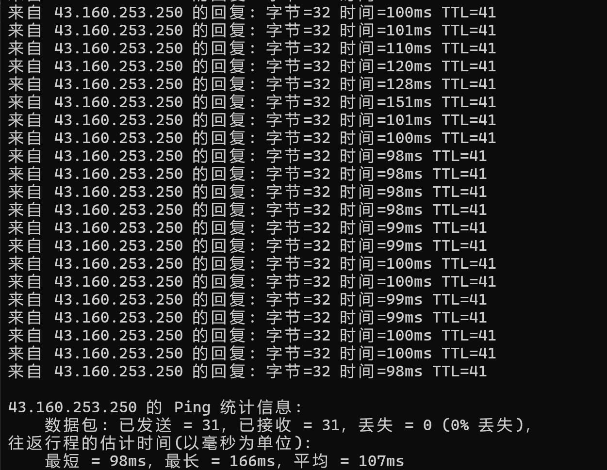 腾讯云新加坡VPS网络测试-本地Ping平均延迟