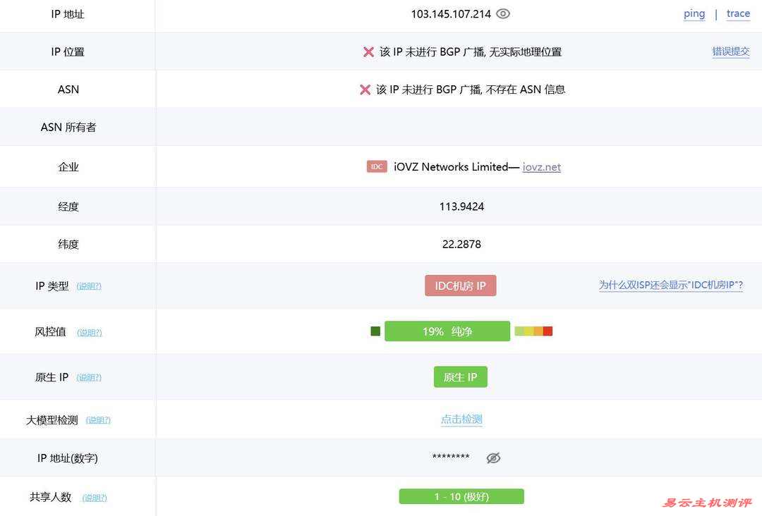 VPS.CAT香港VPS网络测试-IP属性