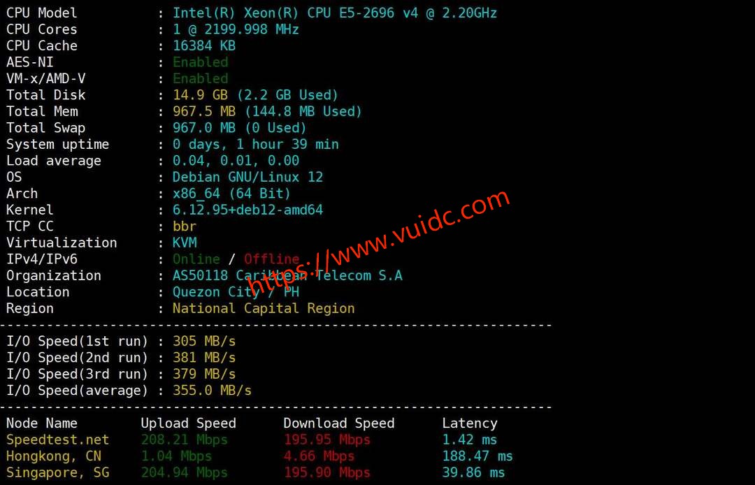 六六云菲律宾家宽VPS网络测试-性能和速度