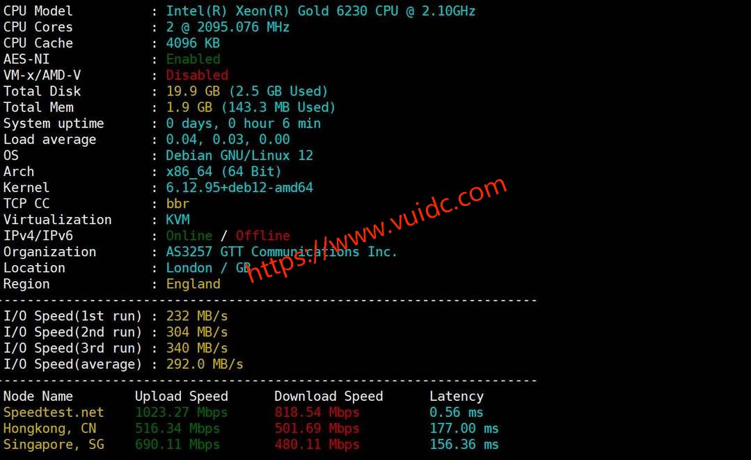 六六云英国家宽VPS网络测试-性能和速度