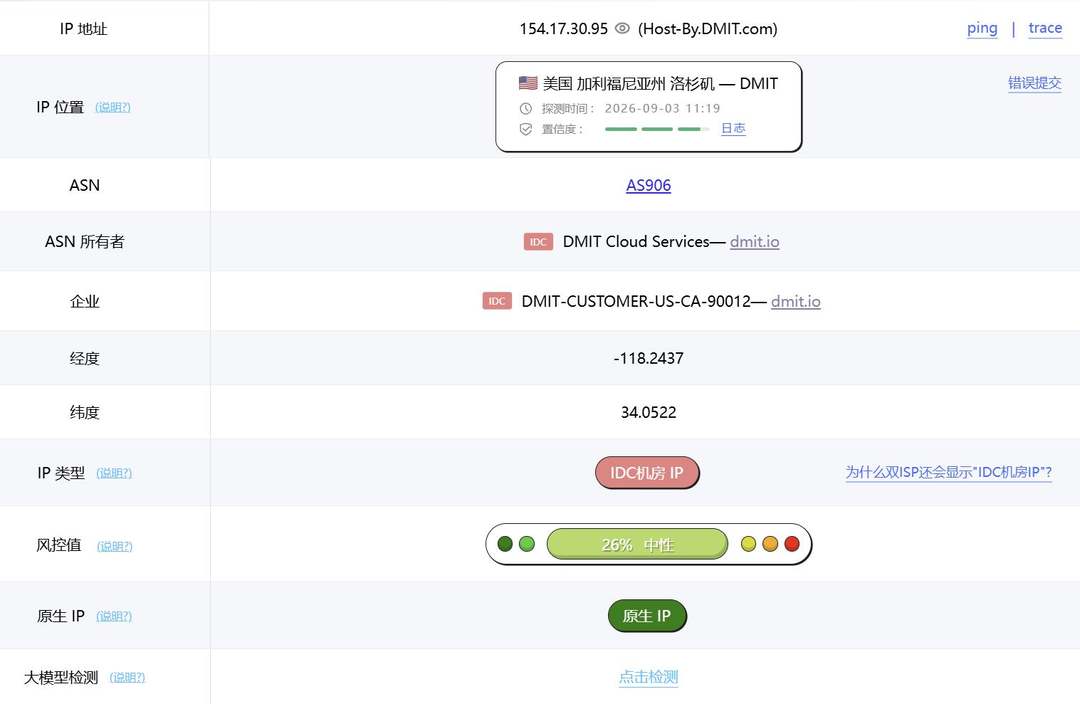 ByteVirt美国VPS网络测试-IP属性